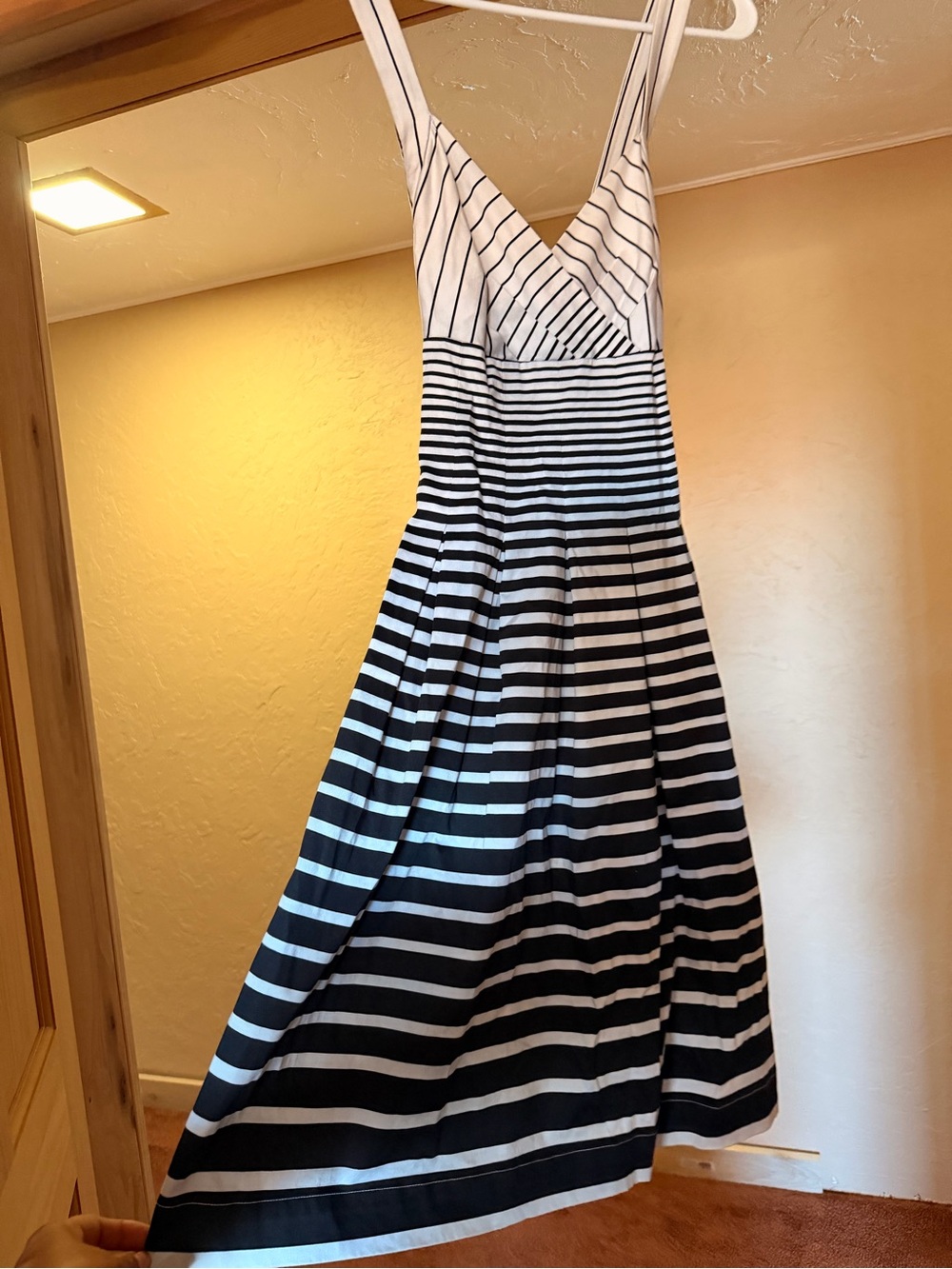 Calvin Klein Black and White Striped V-Neck Midi Dress
